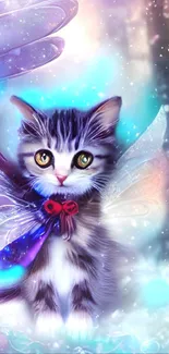 Magical cat with wings in a snow-filled fantasy world.