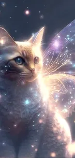 Fantasy cat with fairy wings and butterflies in a magical setting.