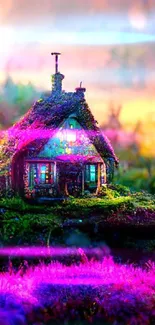 Magical fairy cottage with glowing magenta hues in a forest setting.