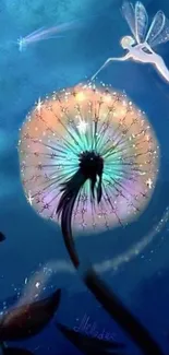 Fairy flying near a luminous dandelion in a blue night scene.