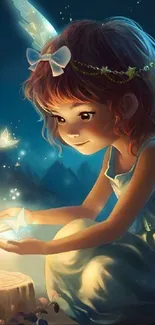 A fairy in a magical night scene with glowing butterflies.