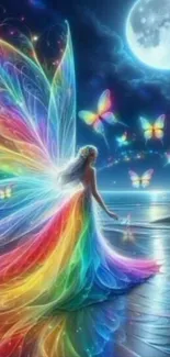Vibrant fairy with rainbow wings and butterflies under a moonlit sky.
