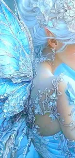 Ethereal fairy with blue wings and intricate designs.