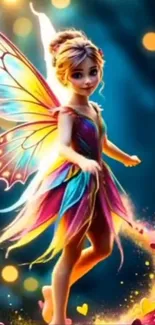 Whimsical fairy with colorful wings and hearts in a fantasy art style.