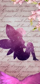 Magical silhouette fairy with pink flowers on a vintage script background.