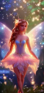 Enchanting fairy with glowing wings and sparkling lights in a dreamy scene.