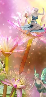 Fairies dance on glowing, pink-hued flowers in a fantasy wallpaper.