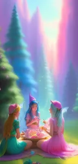 Fairies having a picnic in a colorful, magical forest.