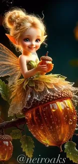 A whimsical fairy with wings sits on an acorn in a magical setting.