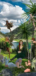 Magical fairies in a lush forest with a lake and mountains.