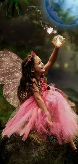 Young fairy in pink dress sits in enchanted forest with glowing wings.