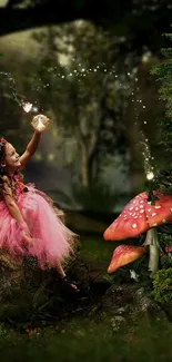 A fairy amid glowing mushrooms in a magical forest.