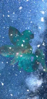 Silhouette of a fairy against a starry galaxy background.