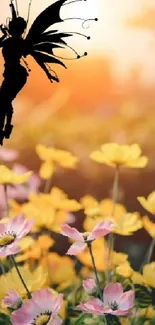 Fairy silhouette hovering over a vibrant flower garden at sunset.