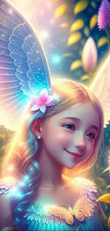 Magical fairy with glowing wings in a vibrant garden scene.