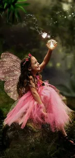 Young fairy girl in pink dress, holding a glowing orb in a magical forest.