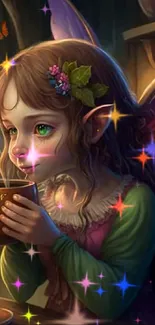 Fairy with colorful wings sipping tea in a mystical setting; perfect fantasy wallpaper.