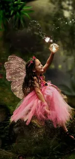 A fairy in a pink dress sits in a magical forest, surrounded by sparkles.