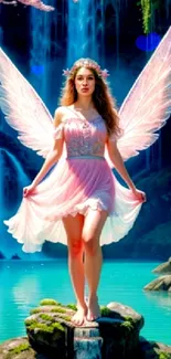 Fairy with pink wings by a waterfall in a mystical forest setting.