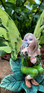 Whimsical fairy figurine on a leafy background in a garden setting.