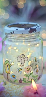 Magical jar with fairy lights and flowers wallpaper.