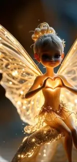 A magical fairy with glowing wings making a heart symbol with her hands.