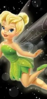 Whimsical fairy with green dress and wings on a black background wallpaper.