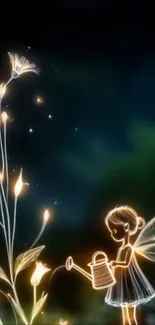 Glowing fairy watering luminous flowers under a starry night sky.