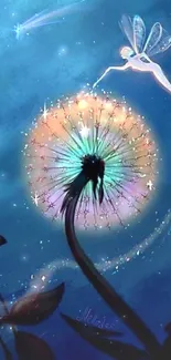 Magical fairy flying over glowing dandelion in a serene night sky.