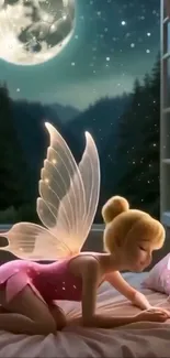 Fairy with wings under a moonlit night sky