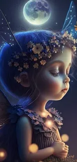 Fairy child with glowing wings under moonlight surrounded by fireflies.