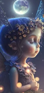 Enchanting fairy in a moonlit forest with magical glow and delicate wings.