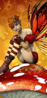 Enchanted fairy on red mushroom with glowing autumn colors.