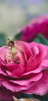 Fairy dances on a pink rose surrounded by ladybugs, creating a magical scene.