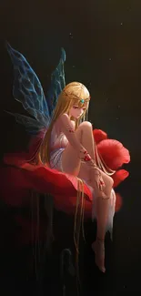 Magical fairy with wings sits on a red flower against a dark background.