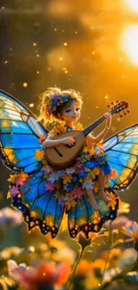 A fairy with butterfly wings playing a guitar amid glowing flowers.