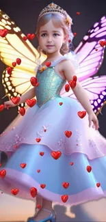 Magical fairy princess with wings and hearts in a colorful fantasy setting.