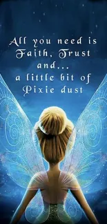 Fairy with wings and pixie dust quote in a magical scene.