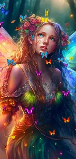 Colorful fairy with wings in a magical forest.