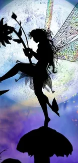 Silhouette of a fairy with colorful wings against a moonlit sky.