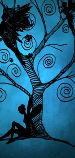 Fairy silhouettes on a blue swirling tree wallpaper.