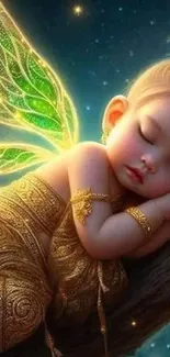 Sleeping fairy with green wings and golden outfit on a branch.