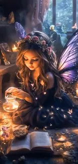 A young fairy with wings among glowing candles and books.