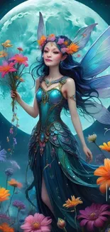 Fairy with flowers under a teal moonlit sky.