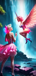 A mystical fairy meets a unicorn woman by a glowing waterfall.