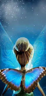 Fairy with blue wings under a starry sky.