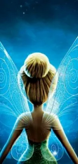 Enchanting fairy with glowing wings against a blue celestial background.