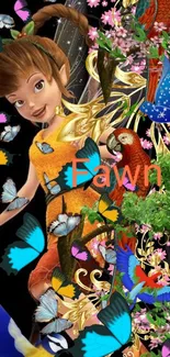 Whimsical fairy with butterflies and colorful birds in a magical forest scene.