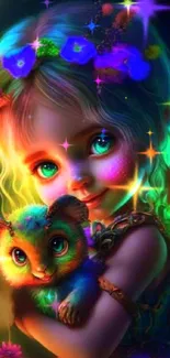 Magical fairy with glowing wings and a colorful creature in a vibrant fantasy scene.