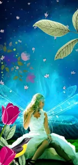 Enchanted fairy with wings in a colorful fantasy scene.